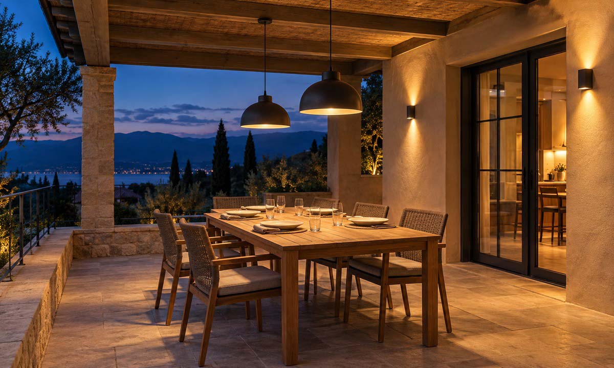 Tavolo da pranzo sotto una veranda con sospensioni e luce di fondo sulla parete