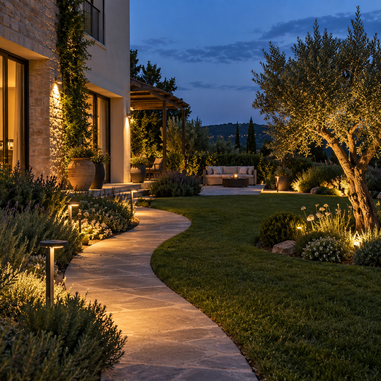 Giardino moderno illuminato con punti luce caldi lungo il percorso, le piante e la zona relax
