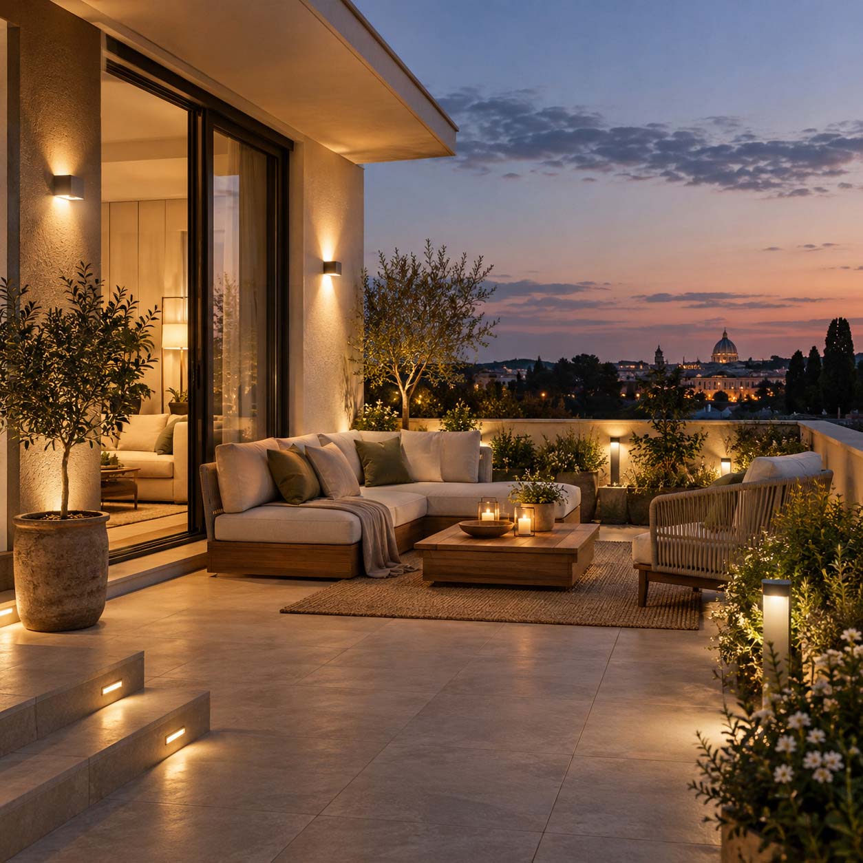Terrazzo moderno illuminato con luce calda, lampade da parete e punti luce per la zona relax