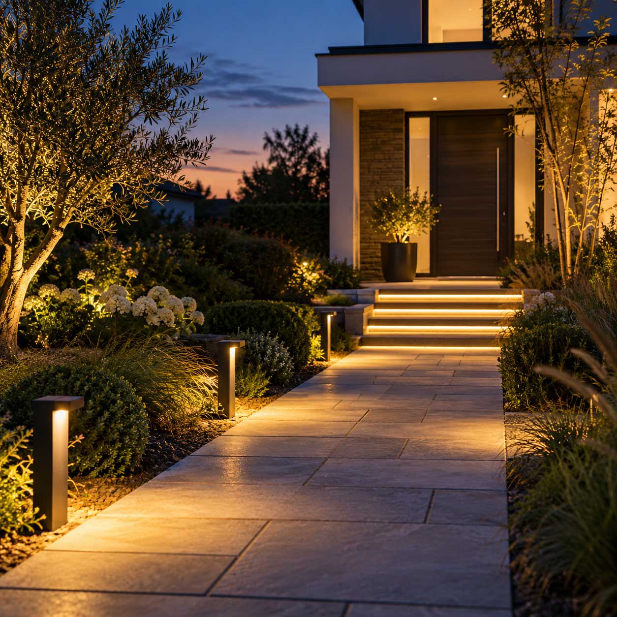 Vialetto di giardino illuminato con punti luce bassi distribuiti lungo il percorso
