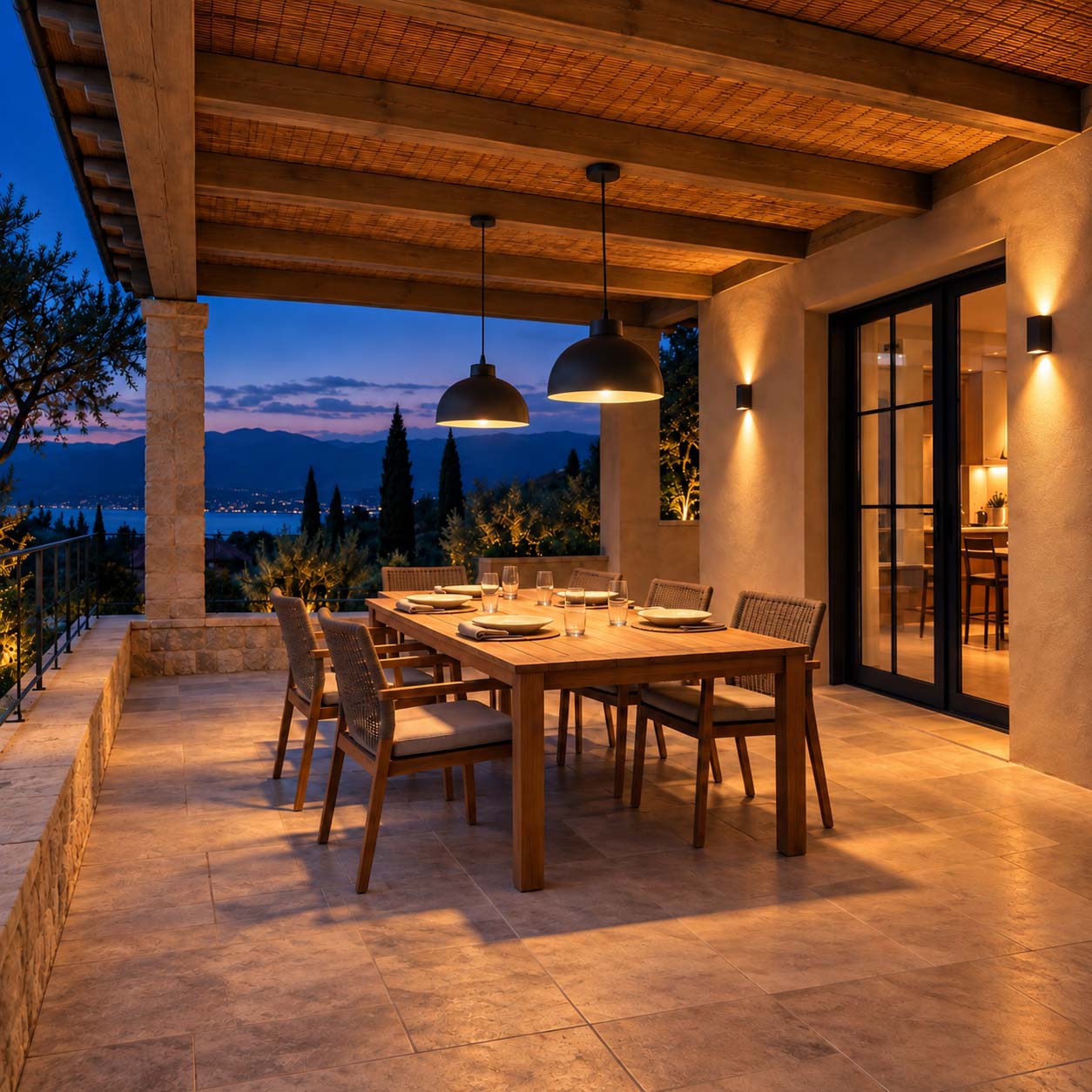 Tavolo da pranzo sotto una veranda, illuminato da due sospensioni e applique sulla parete