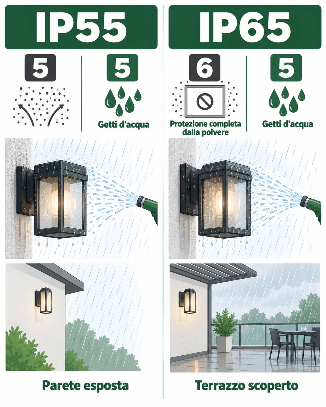 Differenza tra grado IP55 e IP65 per l’illuminazione esterna