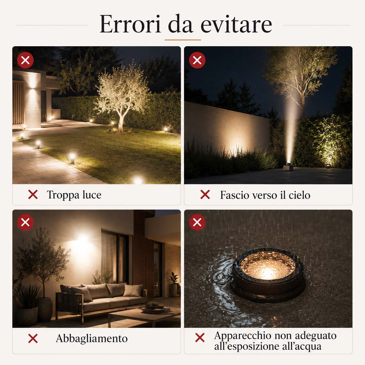 Esempi di errori nell'illuminazione esterna come abbagliamento, luce verso il cielo e apparecchio non adatto all'esposizione