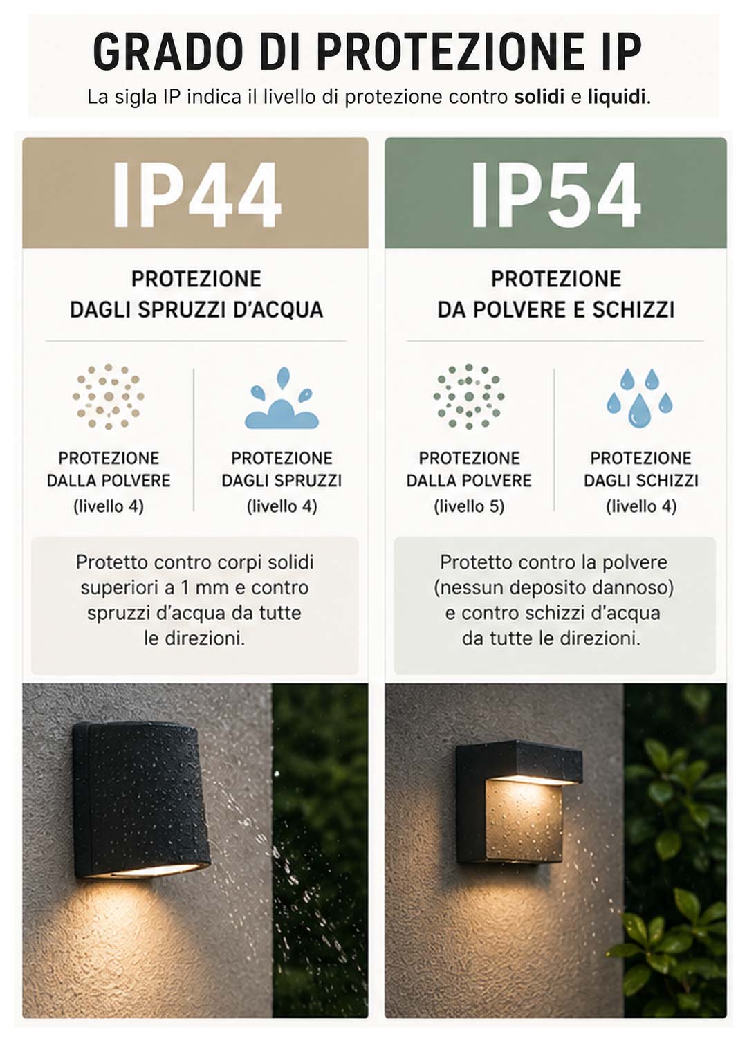 Confronto tra grado di protezione IP44 e IP54 per lampade da esterno