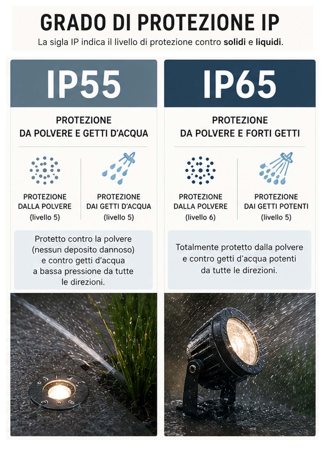 Confronto tra grado di protezione IP55 e IP65 per illuminazione esterna