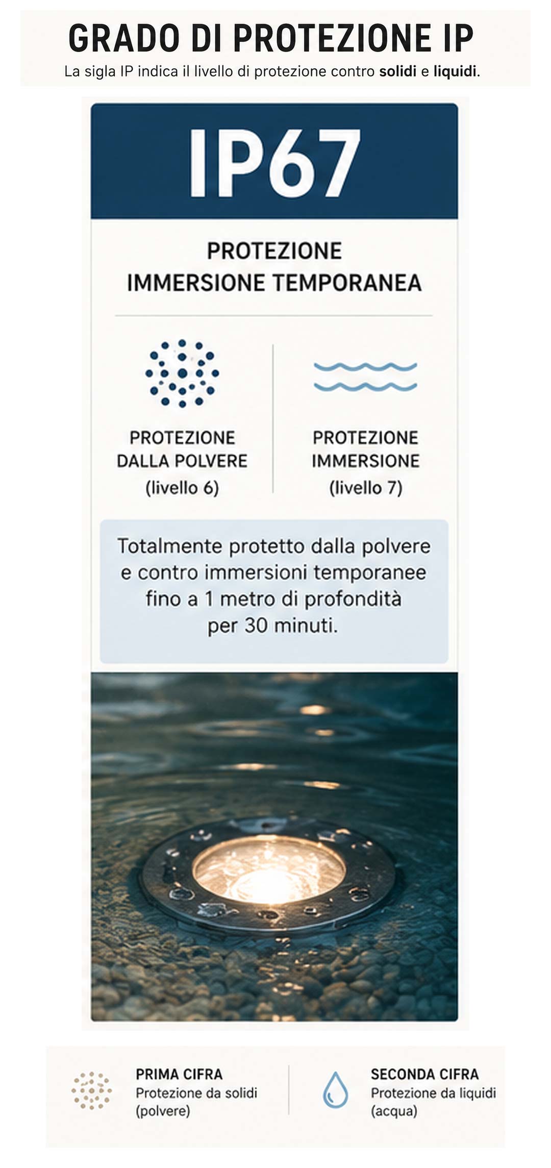 Grado di protezione IP67 con protezione dalla polvere e immersione temporanea