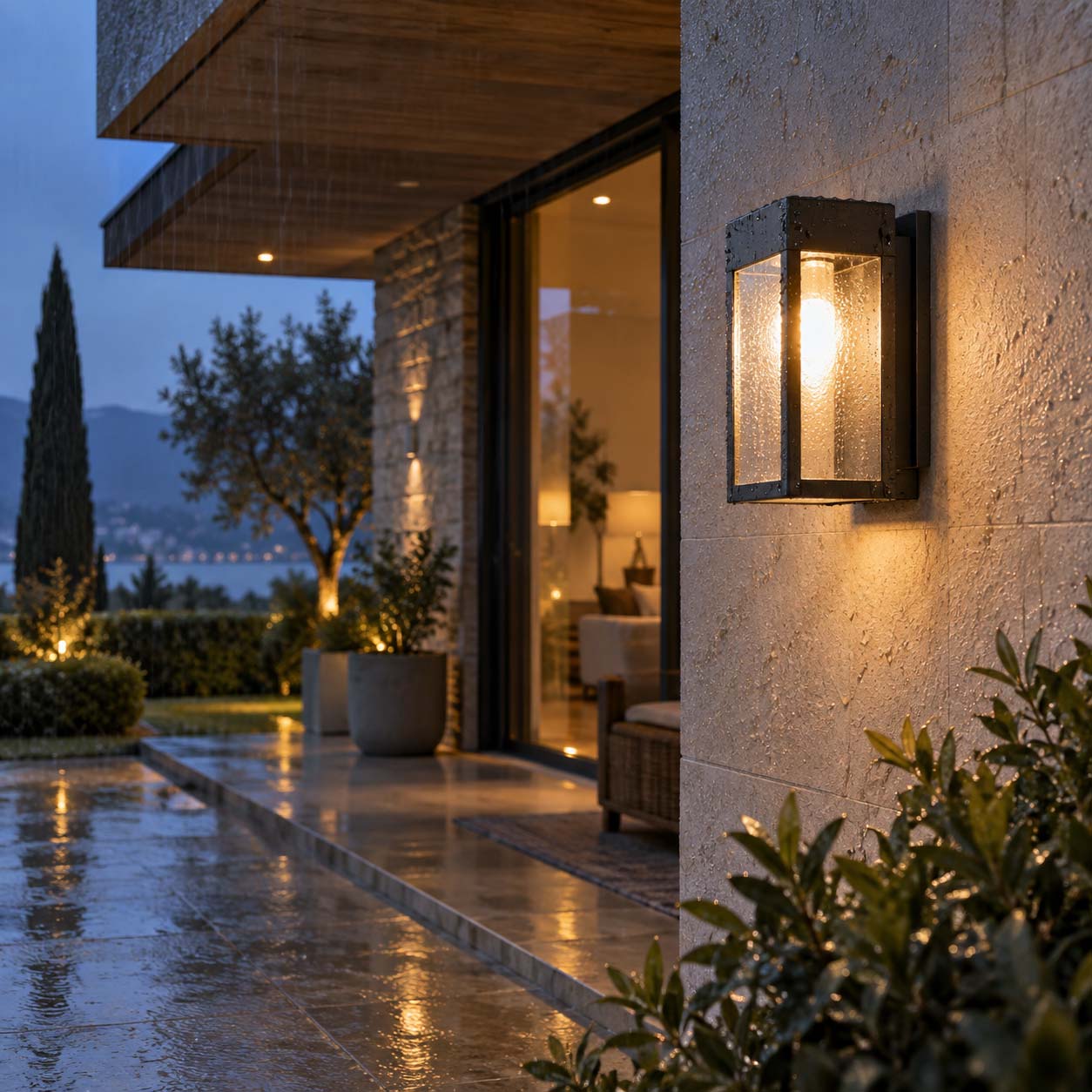 Lampada da esterno installata su una parete esposta alla pioggia