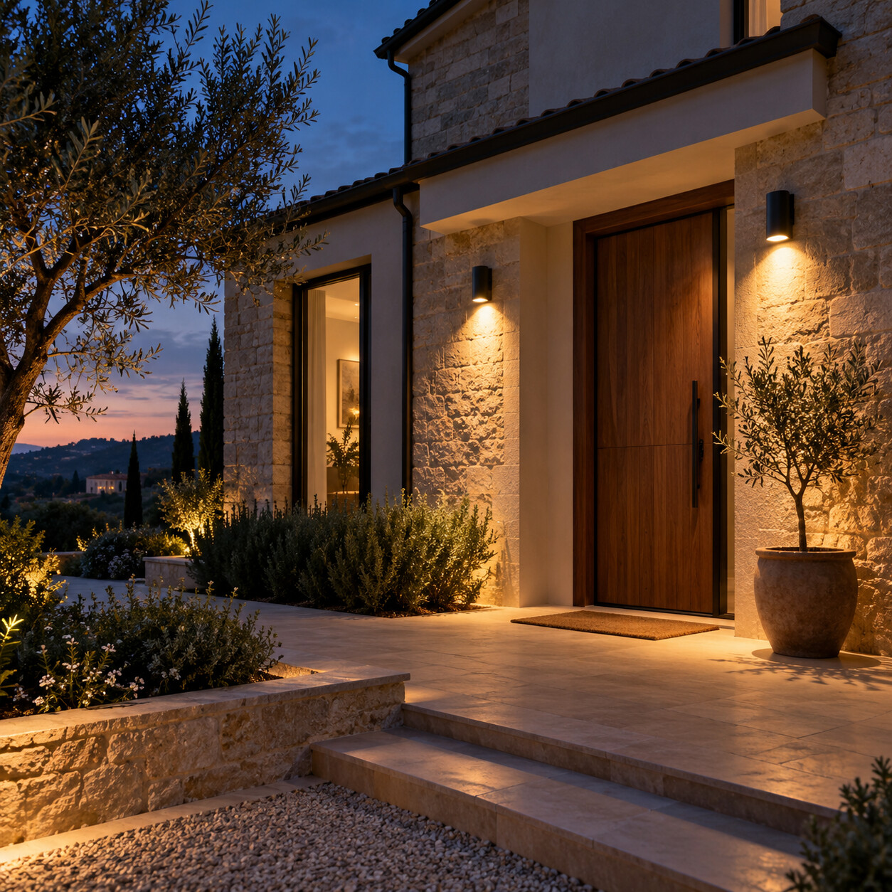 Ingresso esterno di una casa illuminato con luce calda e apparecchi orientati verso il basso