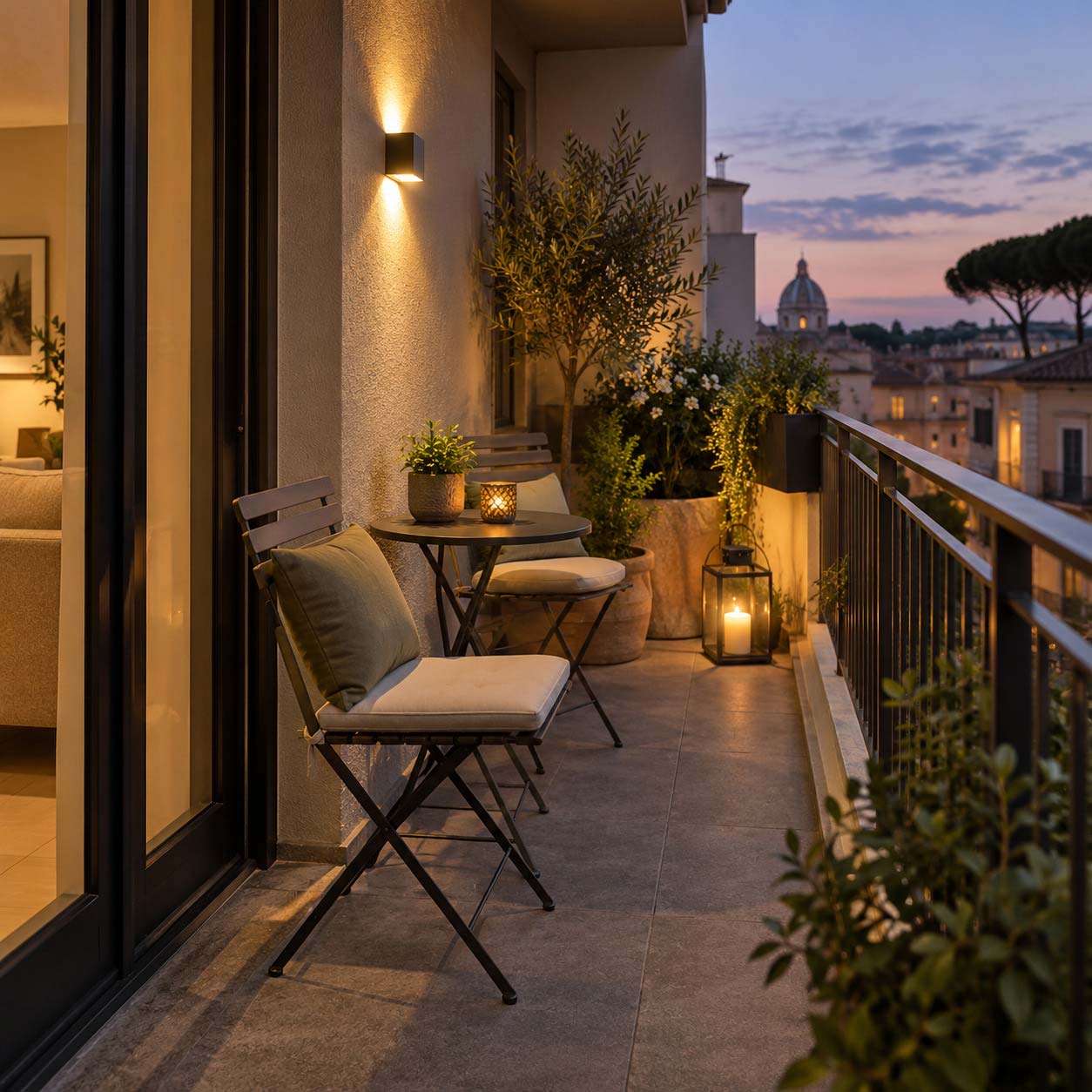 Balcone piccolo illuminato con una lampada compatta a parete e luce calda diffusa