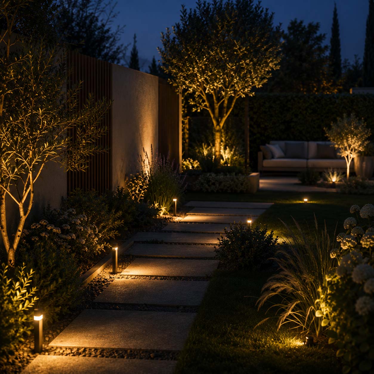 Giardino moderno illuminato con lampade basse e punti luce caldi distribuiti lungo vegetazione e percorsi