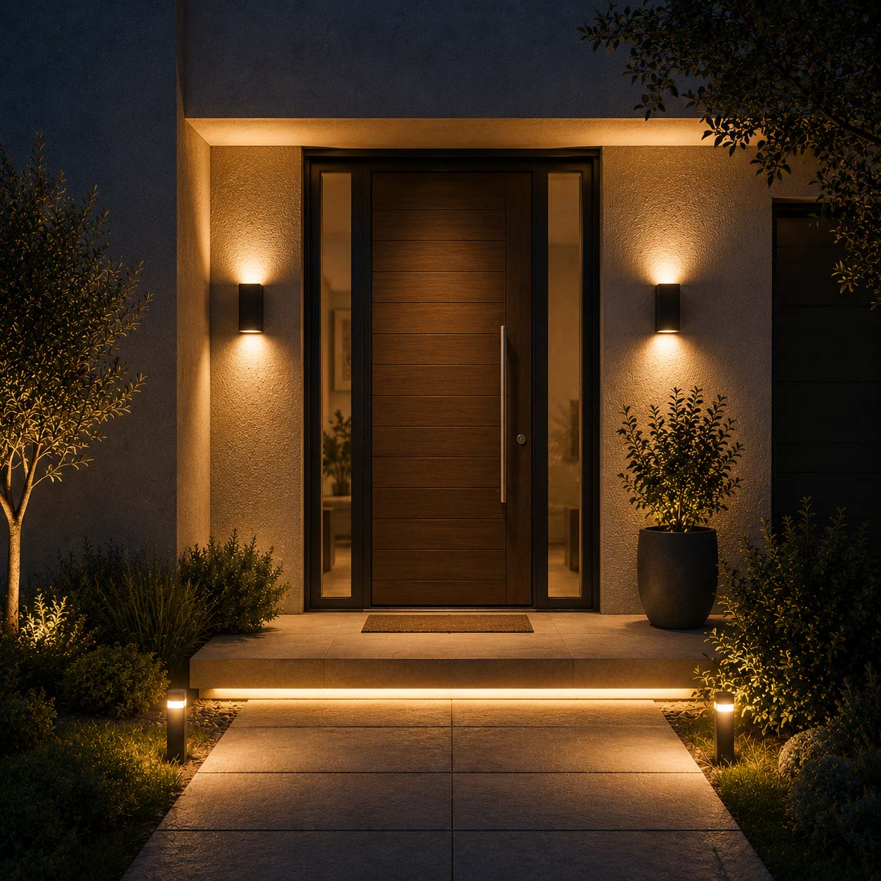 Ingresso di casa moderno illuminato con applique da esterno a luce calda