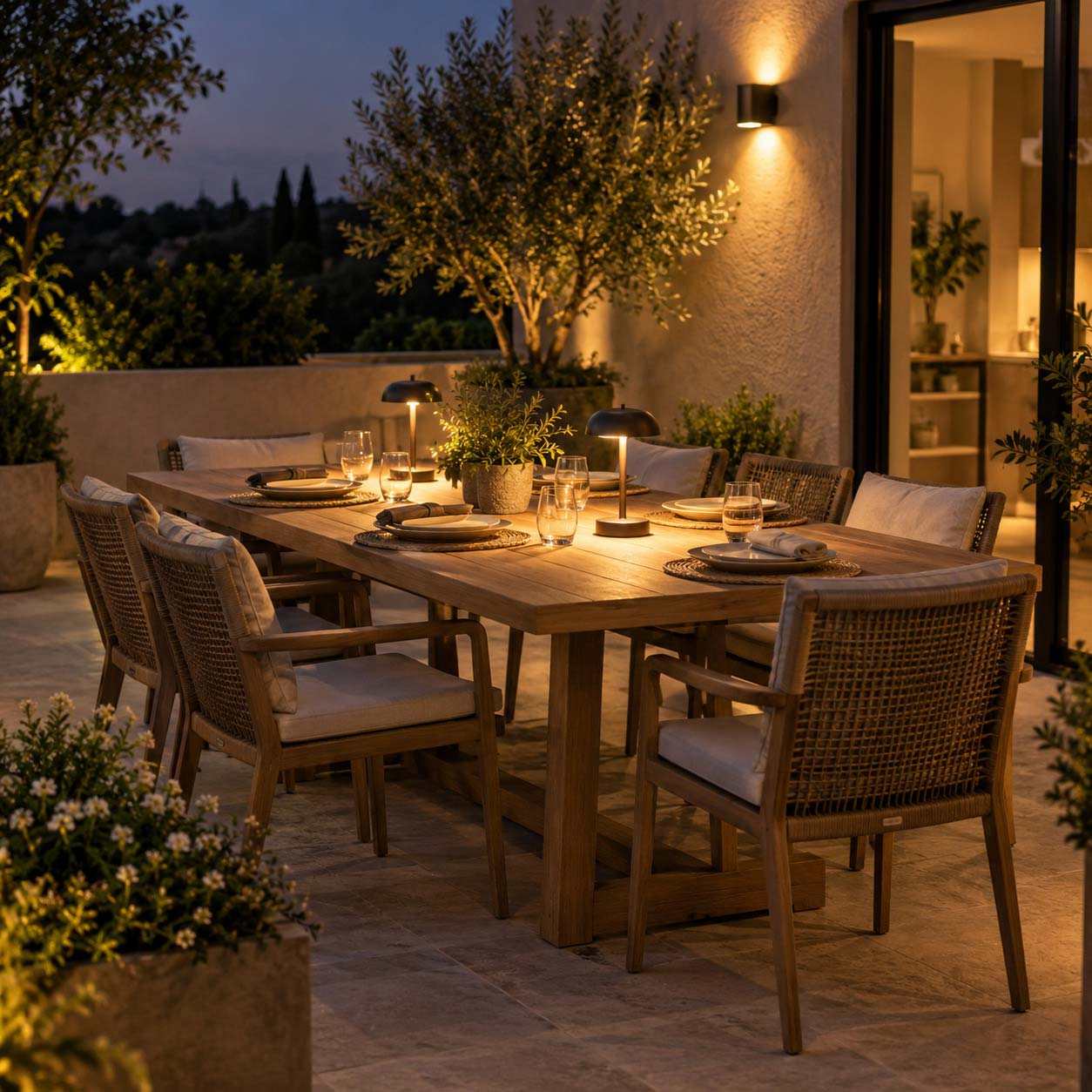 Tavolo da pranzo sul terrazzo illuminato da una luce calda e uniforme