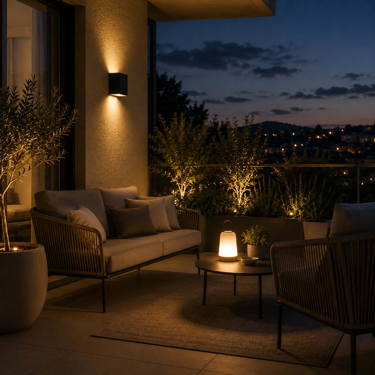 Terrazzo moderno illuminato con applique, sospensione e lampada portatile con luce calda