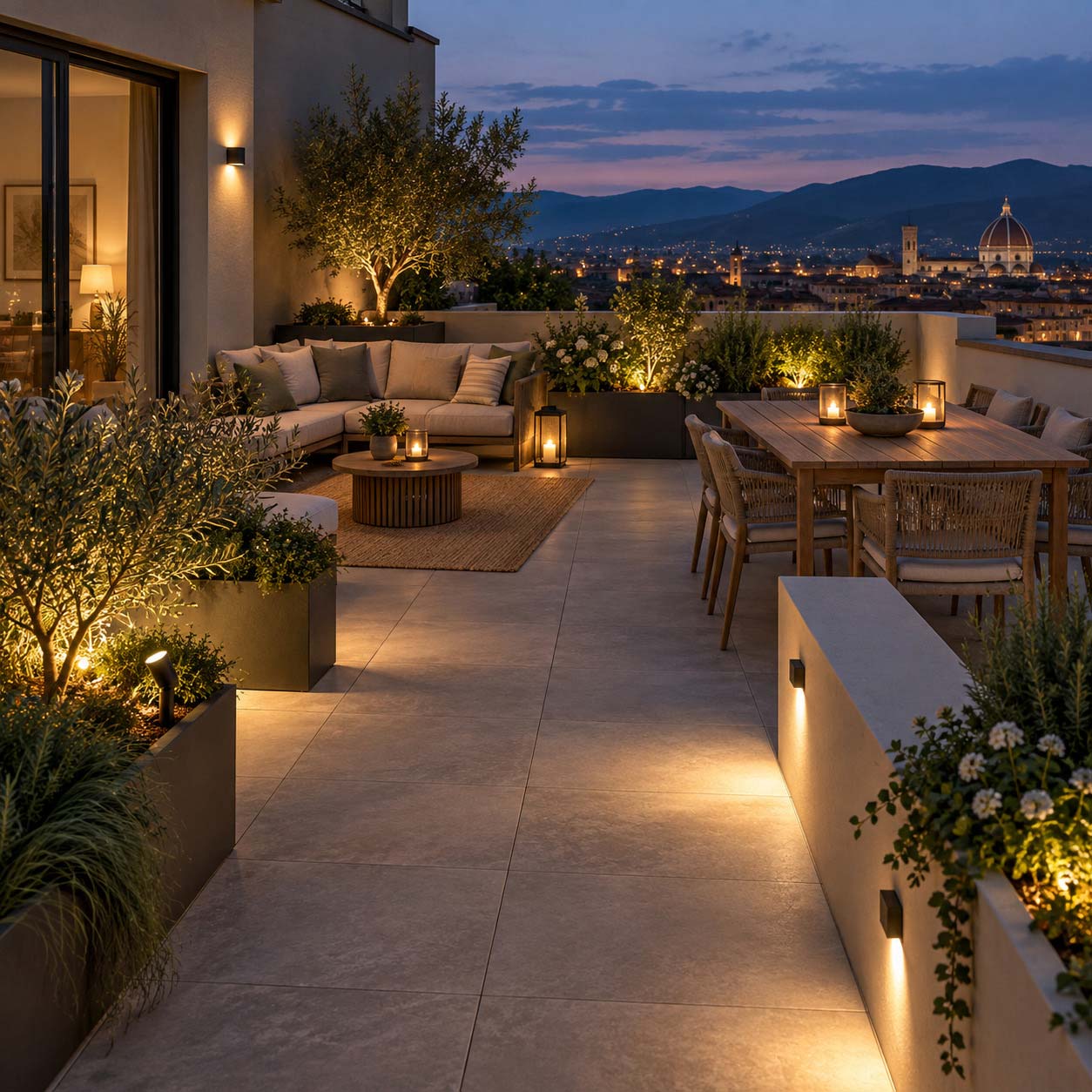 Terrazzo con illuminazione distribuita tra pareti, tavolo e zona di passaggio