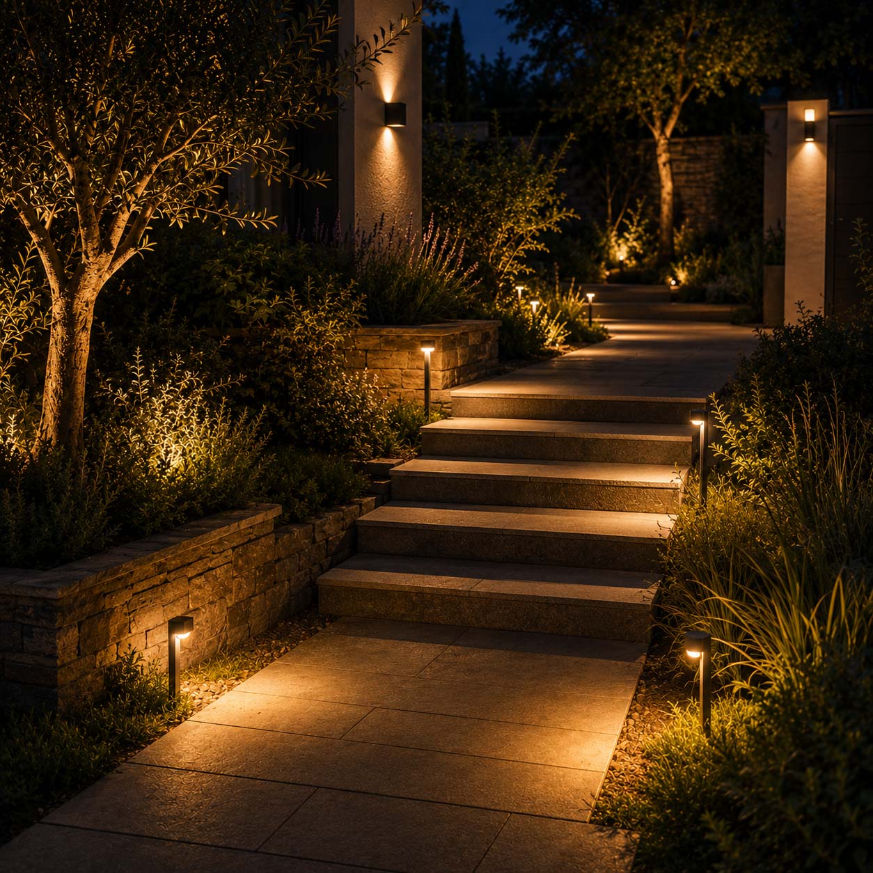 Vialetto e scala esterna illuminati con punti luce bassi e lampioni da giardino