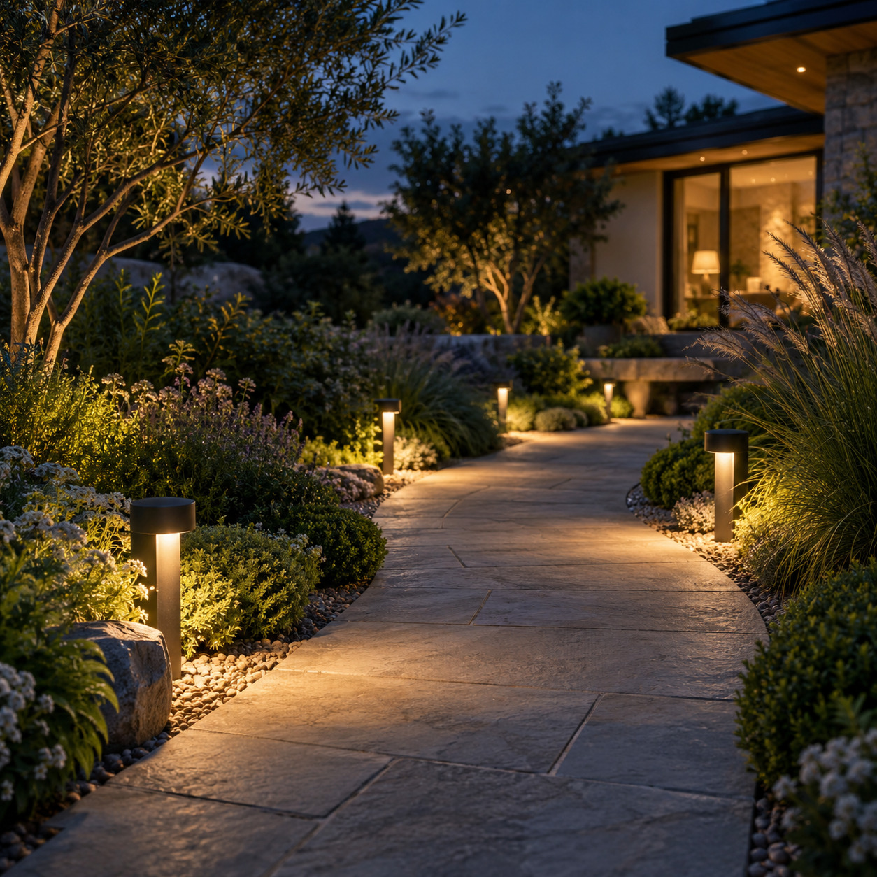Vialetto di giardino illuminato con punti luce bassi e distribuiti lungo il percorso