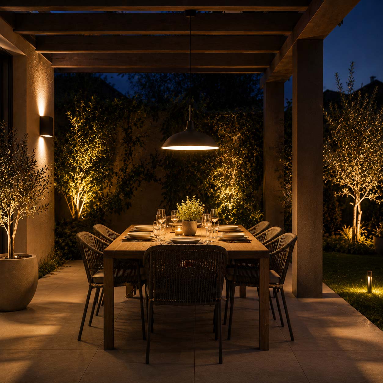 Zona pranzo esterna sotto pergolato illuminata da lampada a sospensione con luce calda