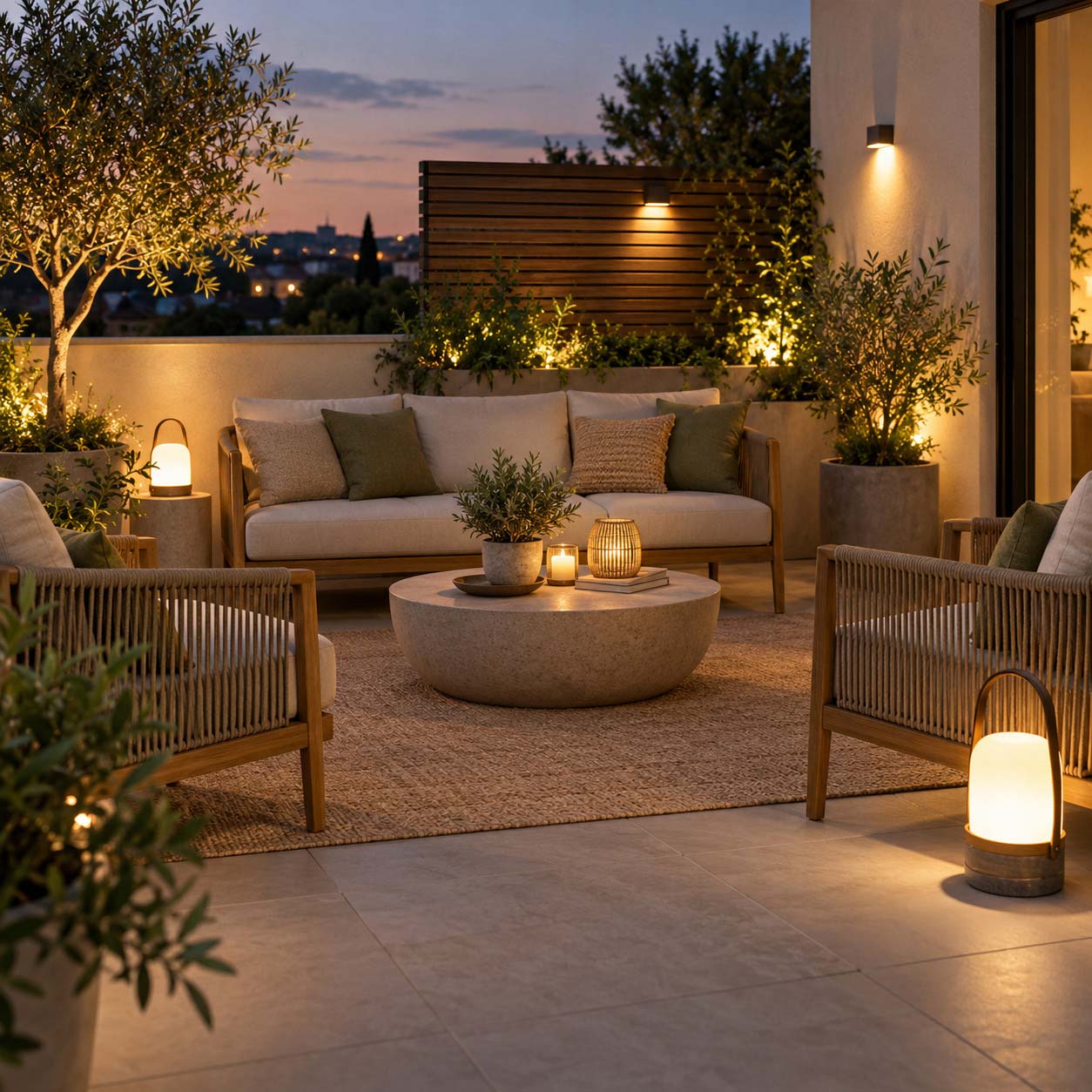 Zona relax sul terrazzo con sedute e piccoli punti luce caldi e schermati