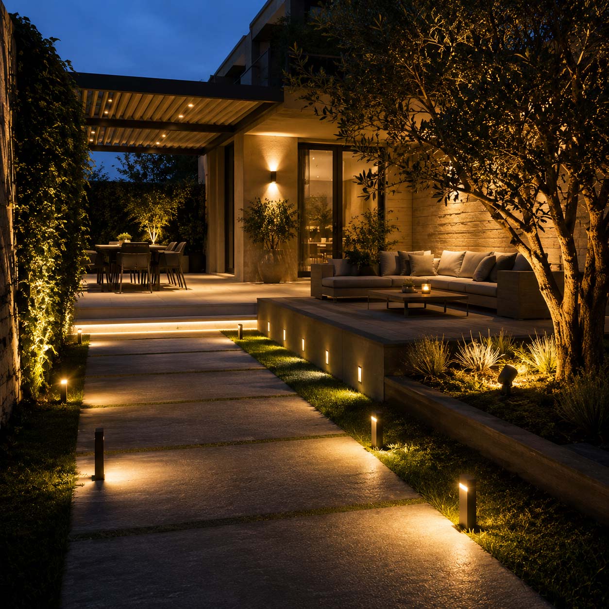 Esempio di illuminazione esterna funzionale, ambientale e d'accento distribuita in un giardino moderno