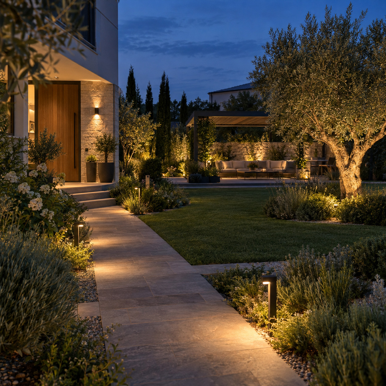 Progetto di illuminazione del giardino diviso tra percorso, aiuole, alberi e zona relax