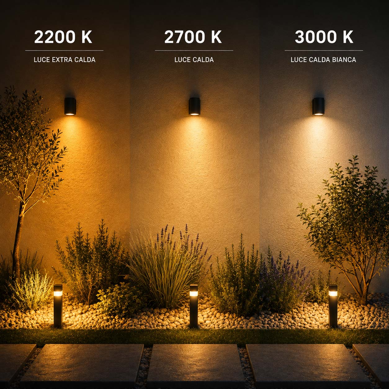 Giardino illuminato con luce calda a diverse temperature colore tra 2200 e 3000 Kelvin