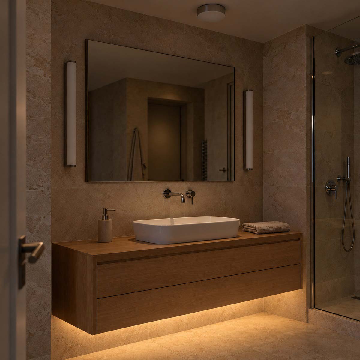 Bagno con luce bassa sotto il mobile del lavabo e luci dello specchio e del soffitto spente