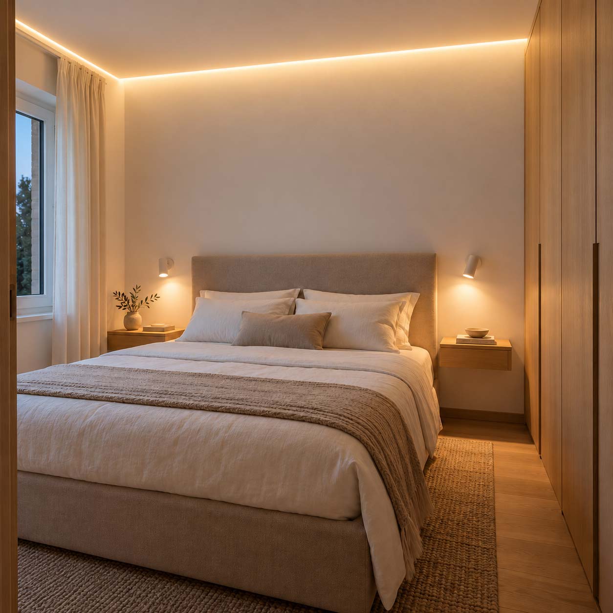Camera piccola con striscia LED lungo il bordo del soffitto e due faretti a muro ai lati del letto