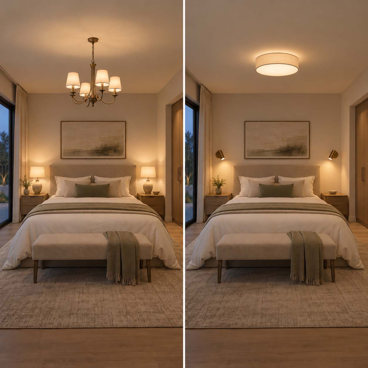 Confronto della stessa camera da letto: a sinistra lampadario e abat-jour, a destra plafoniera a soffitto e faretti orientabili a muro vicino ai comodini