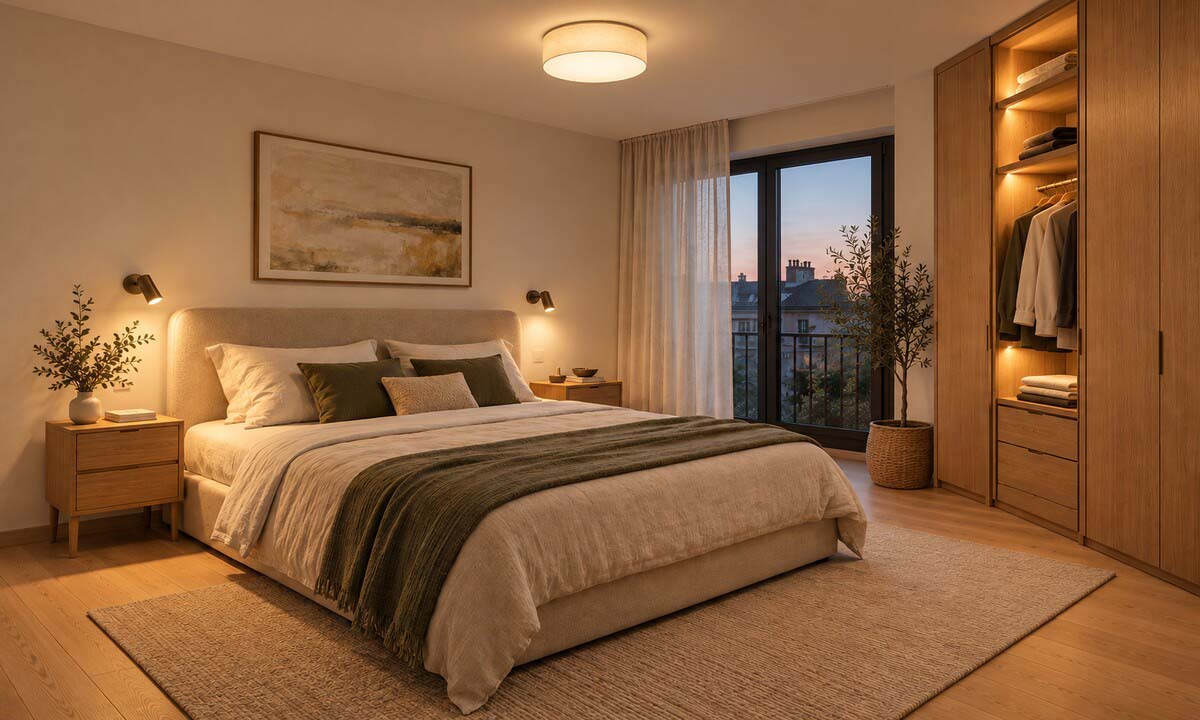 Camera da letto con plafoniera, applique ai lati del letto e illuminazione interna dell'armadio