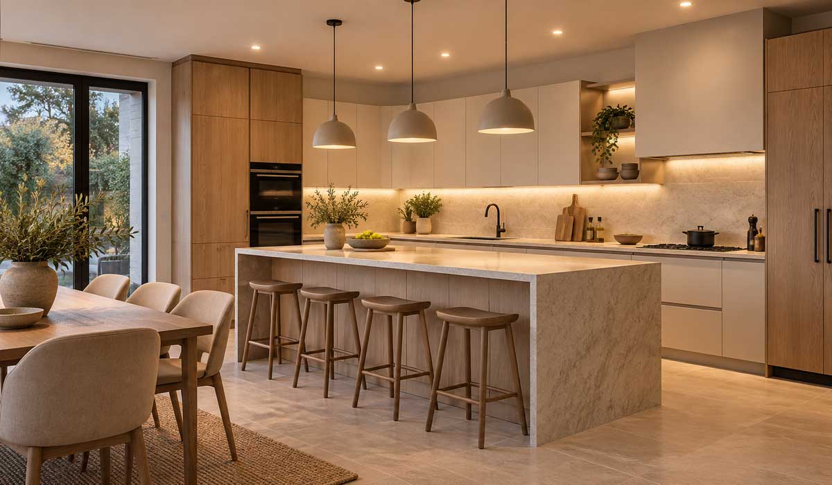Cucina moderna illuminata con luce generale, luce sul piano e sospensioni sull'isola
