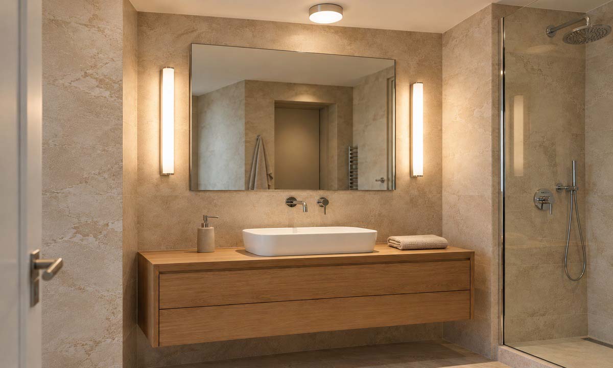 Bagno con plafoniera e due applique ai lati dello specchio sopra il lavabo