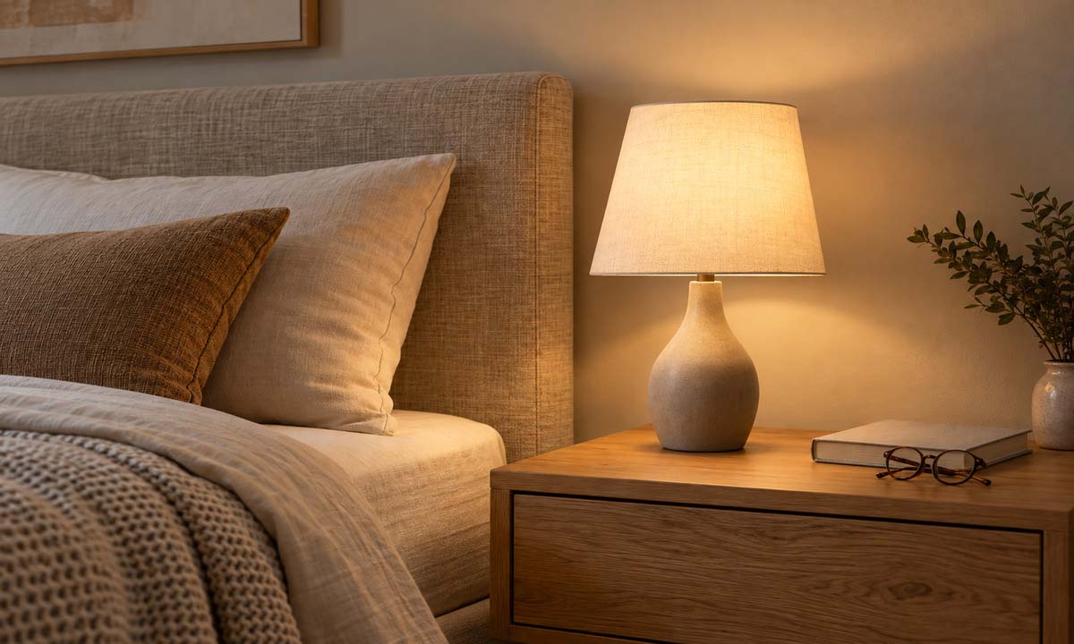 Lampada da comodino con paralume accanto al letto