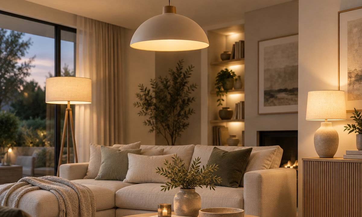Soggiorno moderno illuminato con lampadario a sospensione, piantana e lampada da tavolo