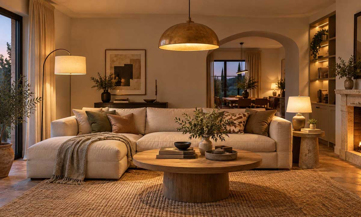 Soggiorno moderno illuminato con lampadario, piantana e lampada da tavolo