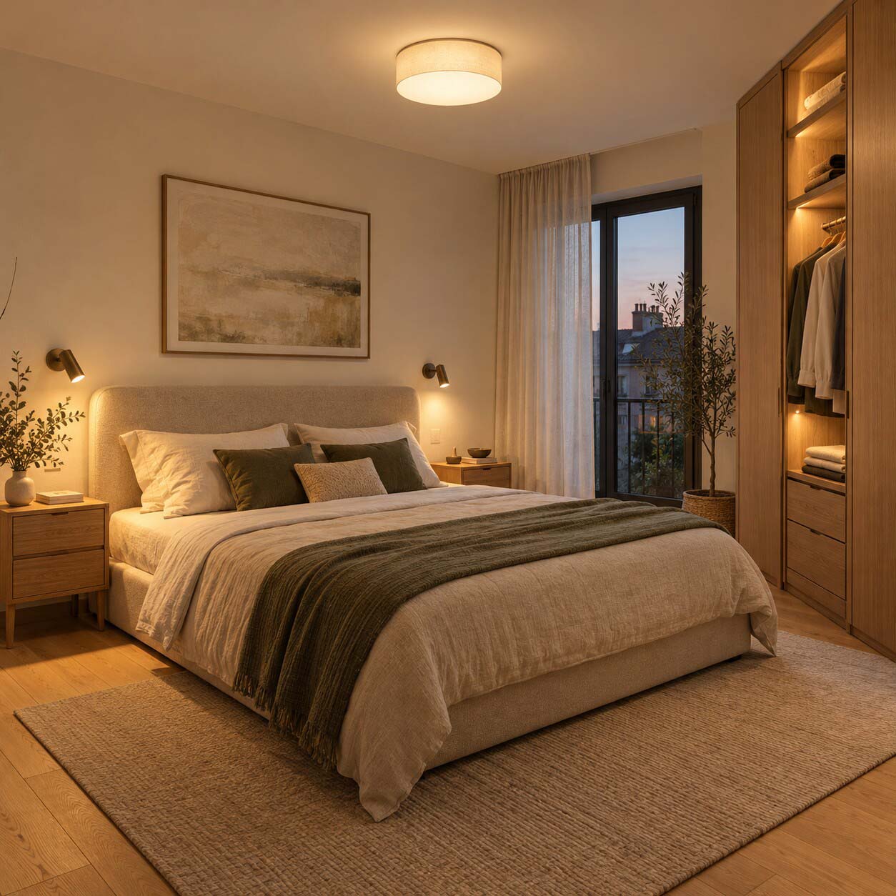 Camera da letto con plafoniera, applique ai lati del letto e illuminazione interna dell'armadio