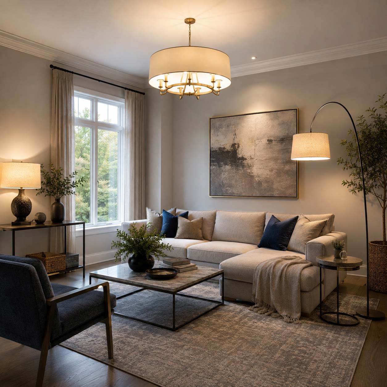 Soggiorno moderno illuminato con lampadario, piantana e lampada da tavolo per creare diversi livelli di luce