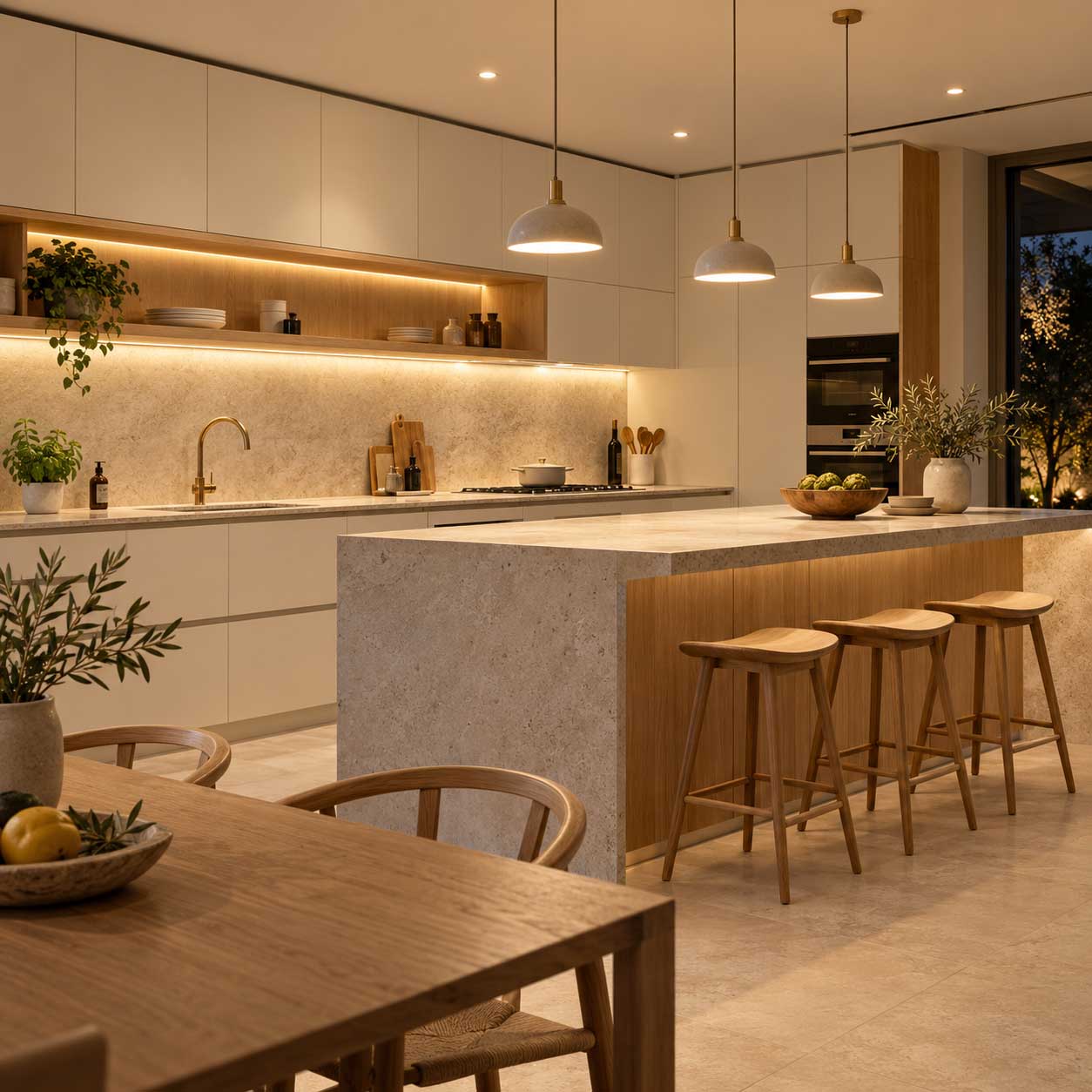 Cucina moderna con luce generale, illuminazione sotto i pensili e sospensioni sopra l’isola