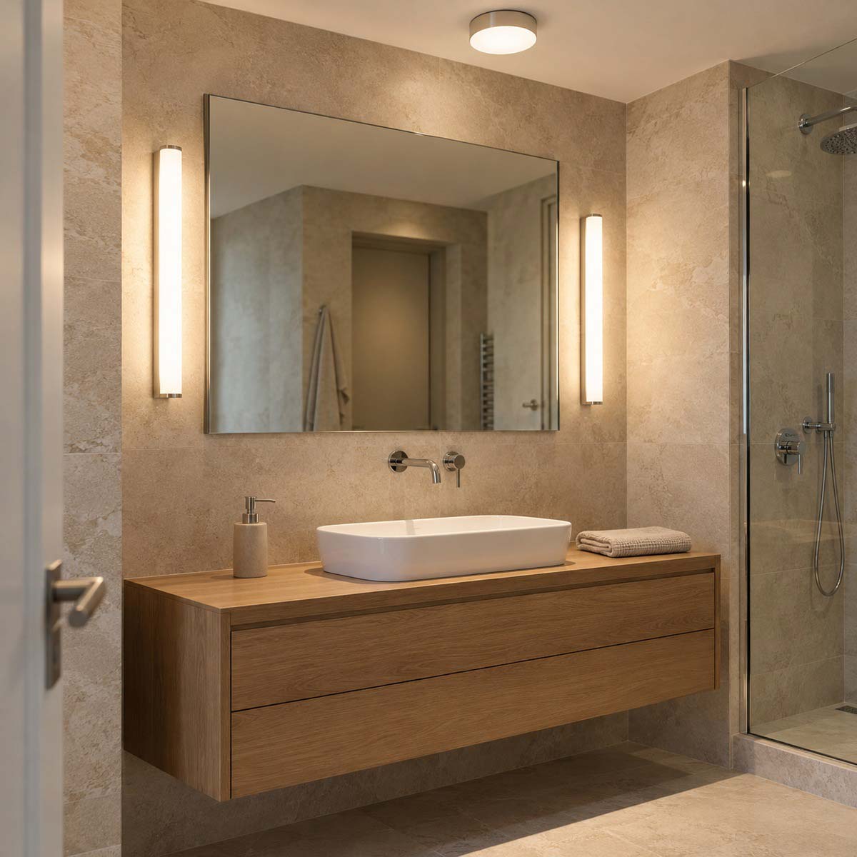 Bagno con luce generale a soffitto e due applique verticali ai lati dello specchio sopra il lavabo