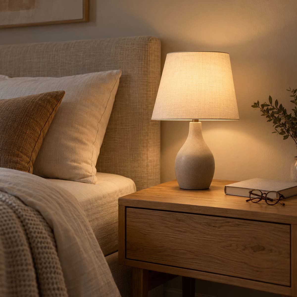 Lampada da comodino con paralume accanto al letto, con piano d'appoggio e cuscino visibili
