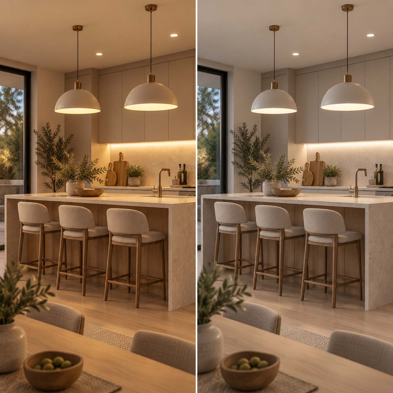 Confronto della stessa cucina con luce calda 3000K a sinistra e luce neutra 4000K a destra