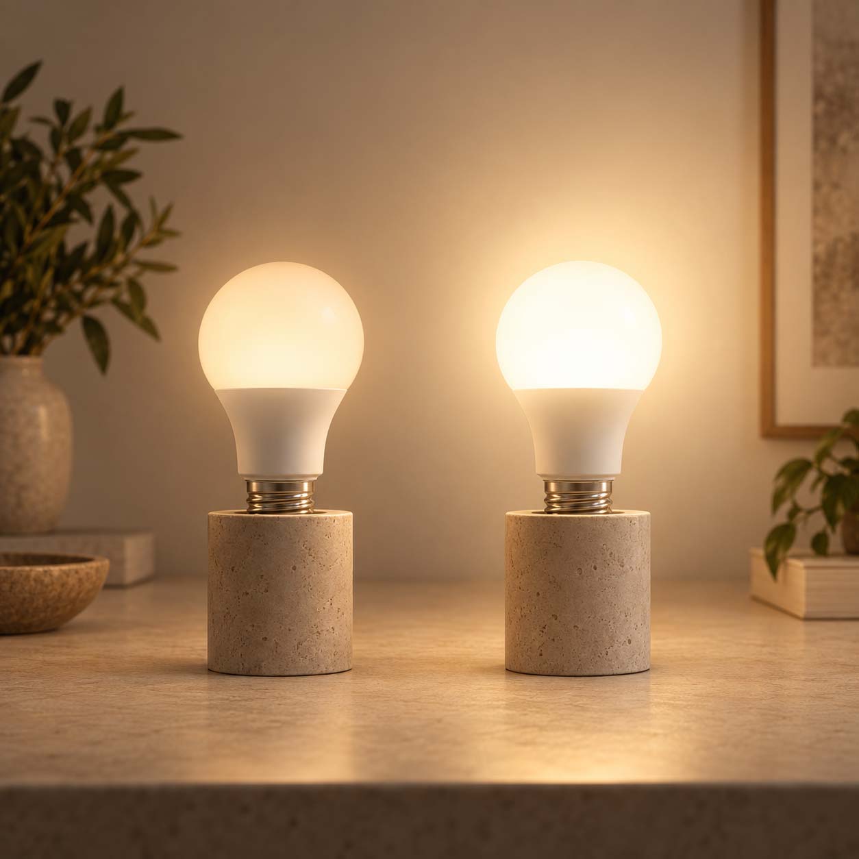 Confronto tra due lampadine LED identiche con differente intensità luminosa