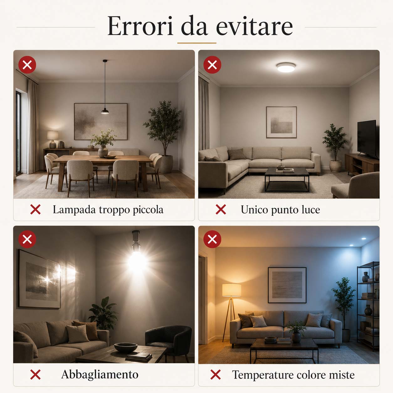 Esempi degli errori più comuni nell'illuminazione di casa come abbagliamento, lampada troppo piccola e temperature colore differenti