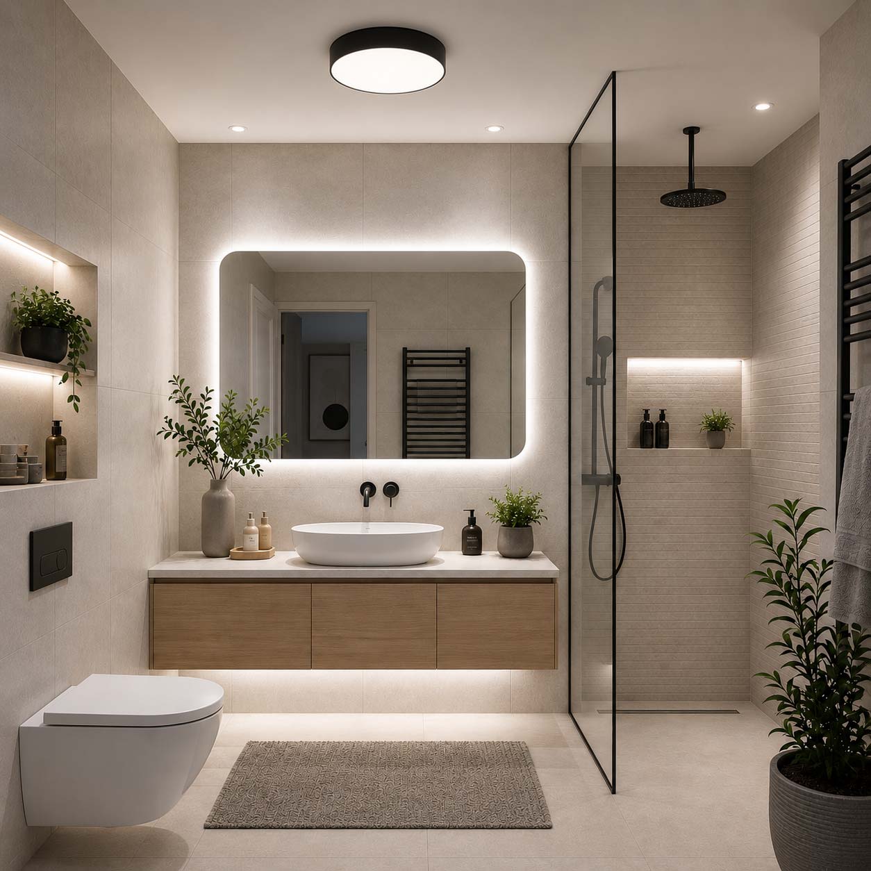Bagno moderno con illuminazione neutra dello specchio e luce generale a soffitto