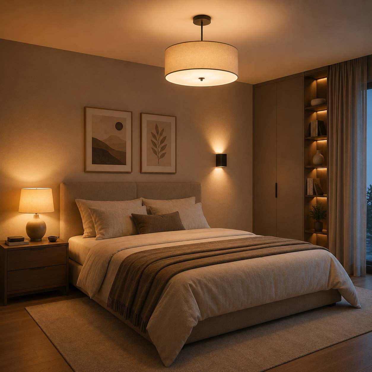 Camera da letto moderna illuminata con luce calda, plafoniera e lampade vicino al letto