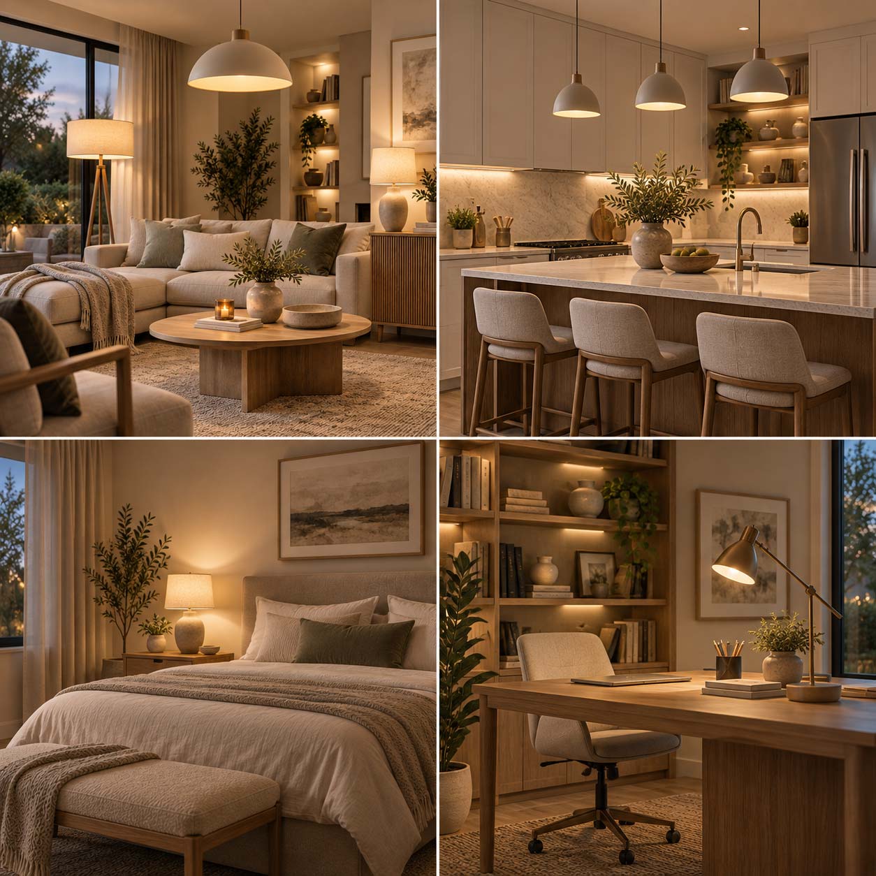 Esempi di illuminazione in soggiorno, cucina, camera da letto e studio con diversi punti luce