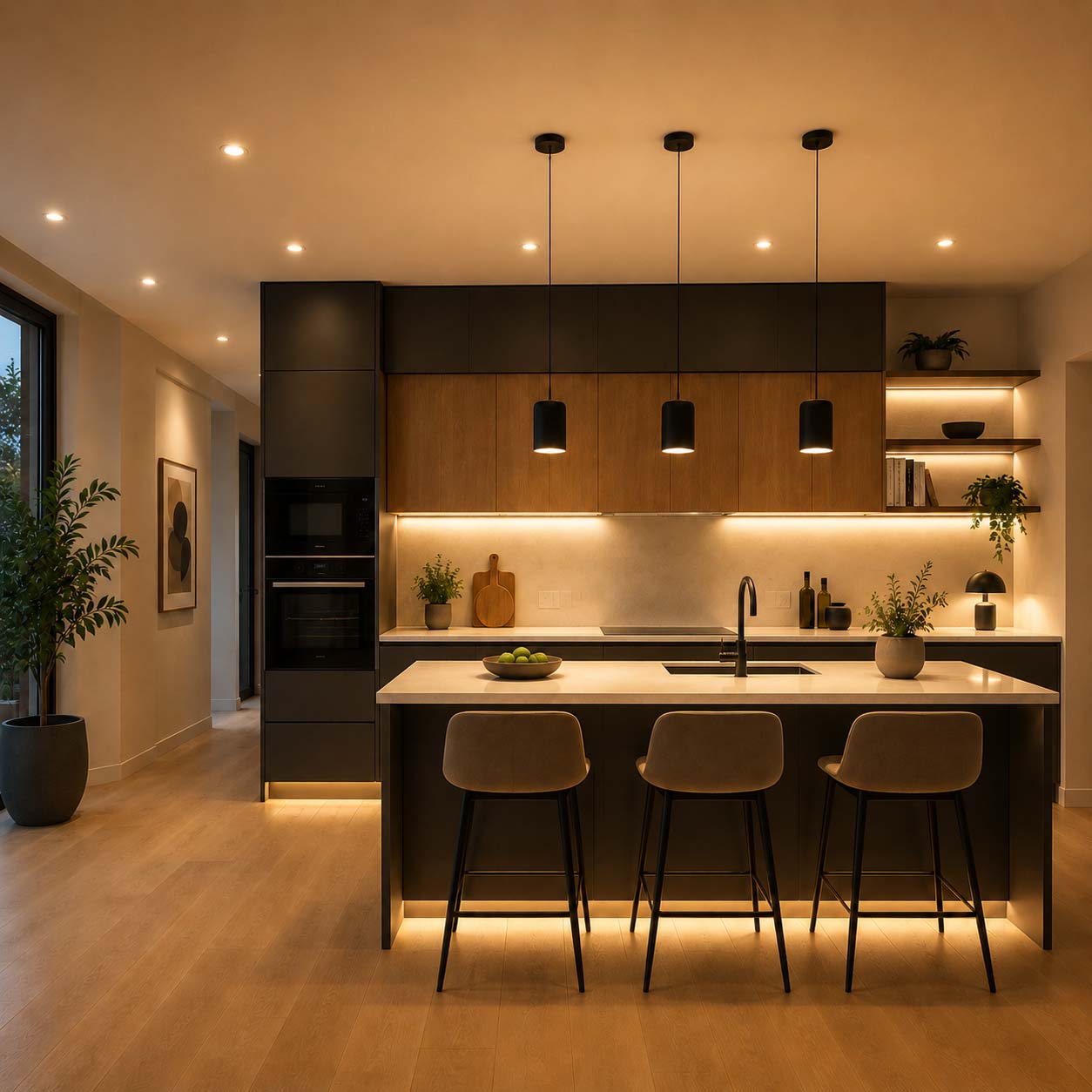Cucina moderna con illuminazione neutra, faretti e sospensioni sopra l'isola