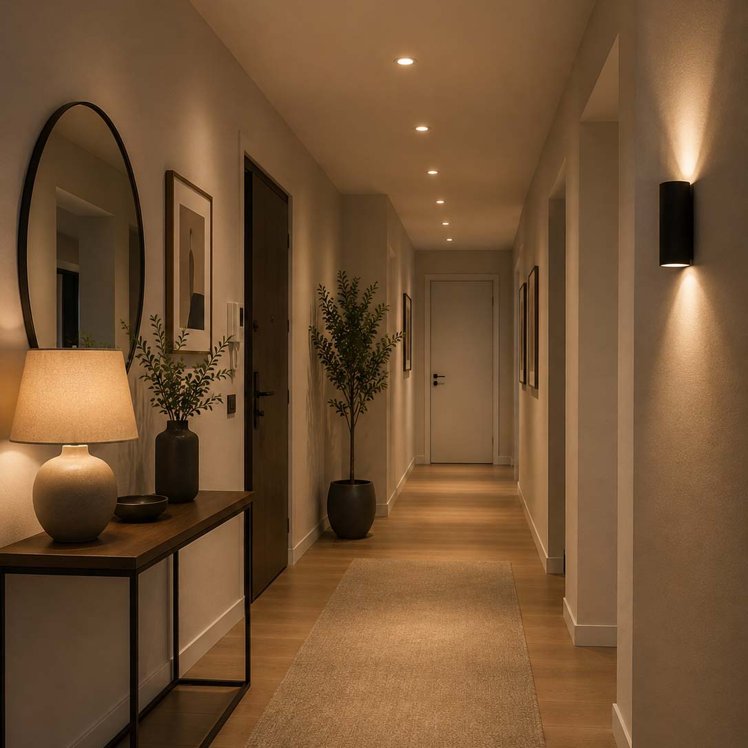 Ingresso e corridoio moderni illuminati con applique e lampada decorativa su consolle