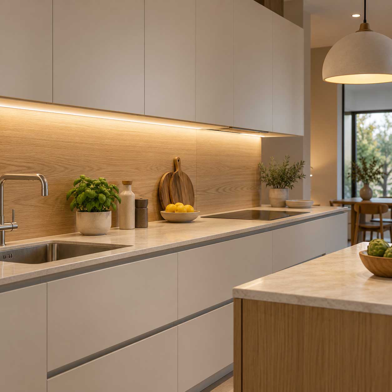 Luce continua sotto i pensili che illumina il piano di lavoro della cucina