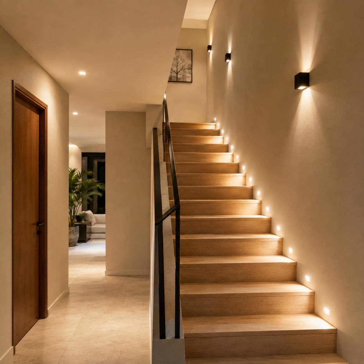 Scala interna moderna illuminata con applique e punti luce distribuiti lungo i gradini