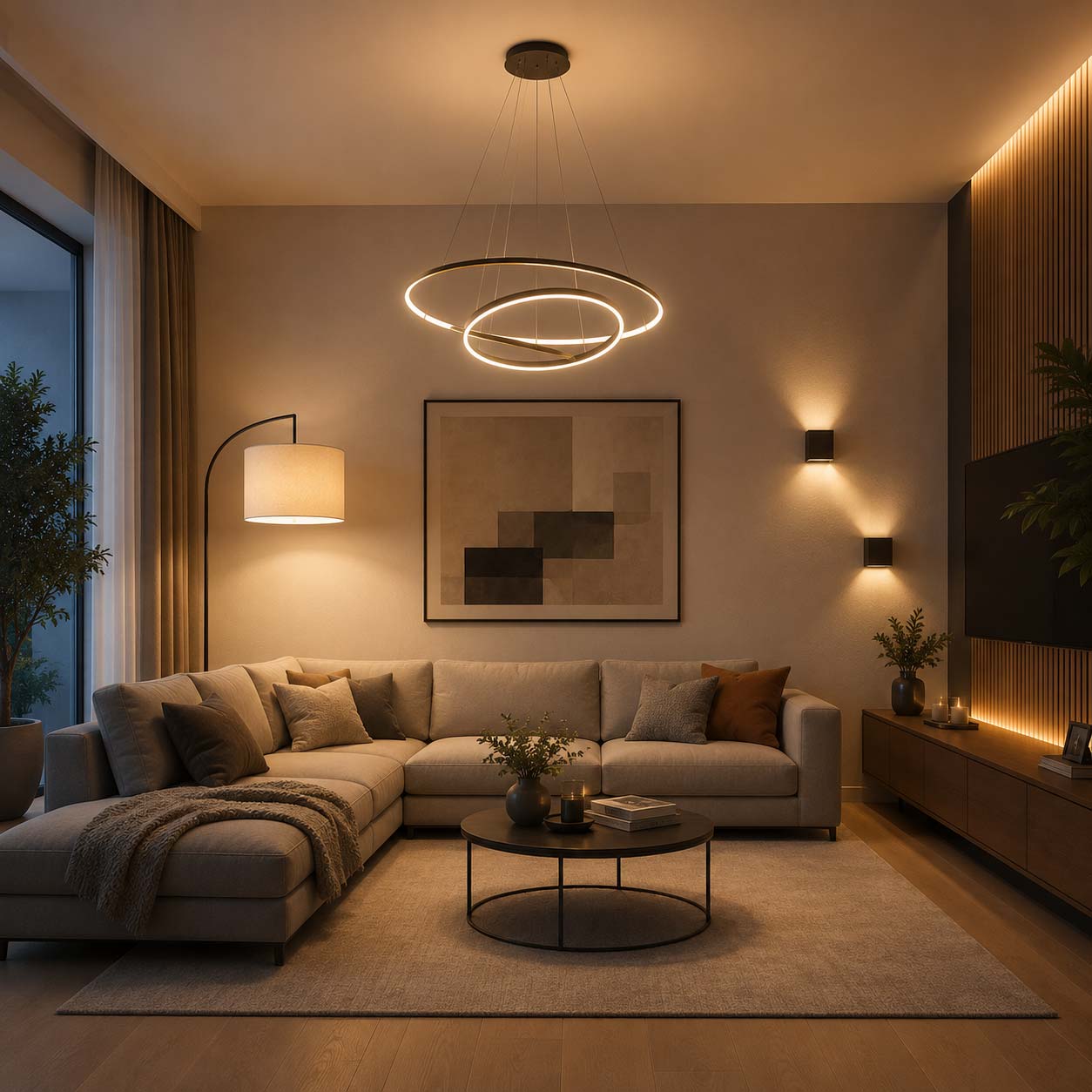 Soggiorno moderno con illuminazione calda composta da sospensione, piantana e applique